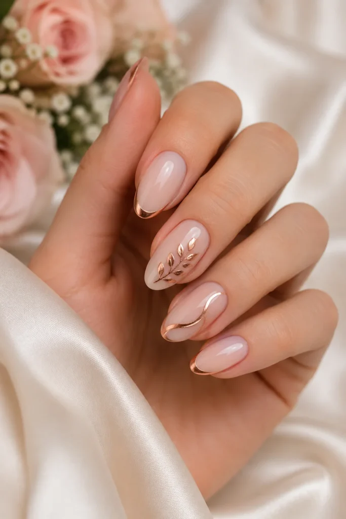 Rose gold metallic details on neutral bridal nails
