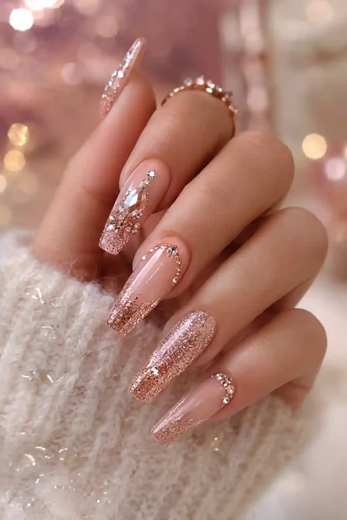 Rose gold shimmer nails with delicate crystal embellishments