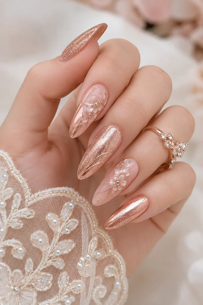 Soft rose gold shimmer bridal wedding nails