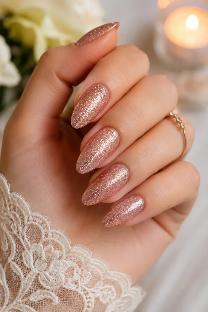 Rose gold glitter bridal shower nails