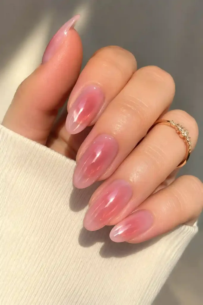 Rose quartz aura nails pink crystal inspired glossy finish