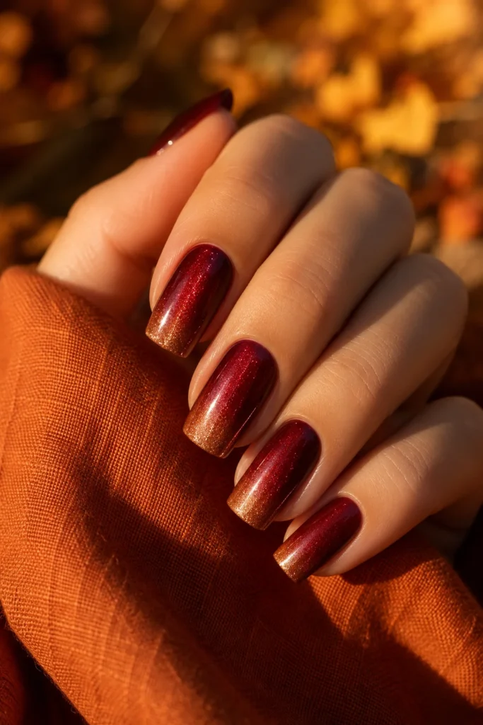 Ruby red ombre nails fading into gold shimmer.