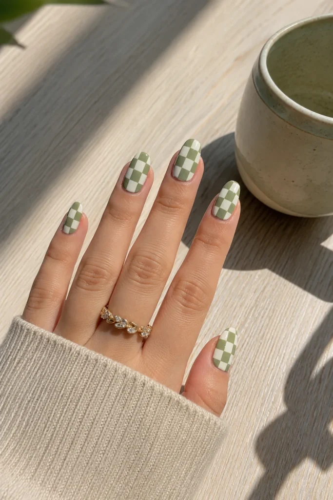 Sage green and cream checkerboard nail design