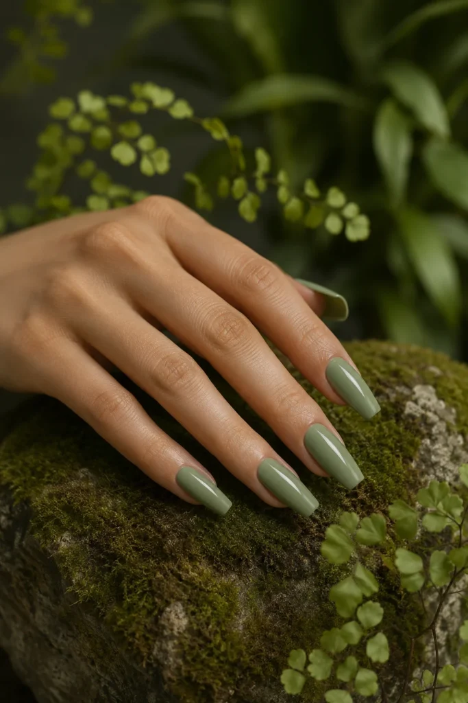 Soft sage green ballerina nails with earthy elegance