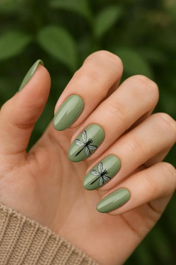 Sage green nails with elegant dragonfly detailing