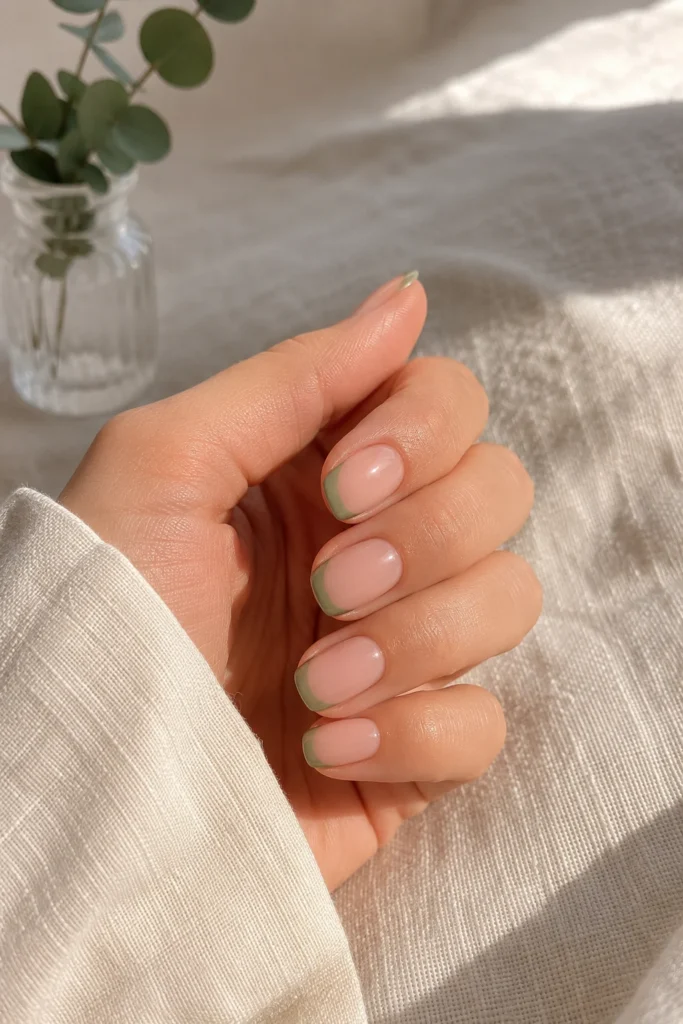Sage green French tip nails on a sheer pink base for a fresh March manicure