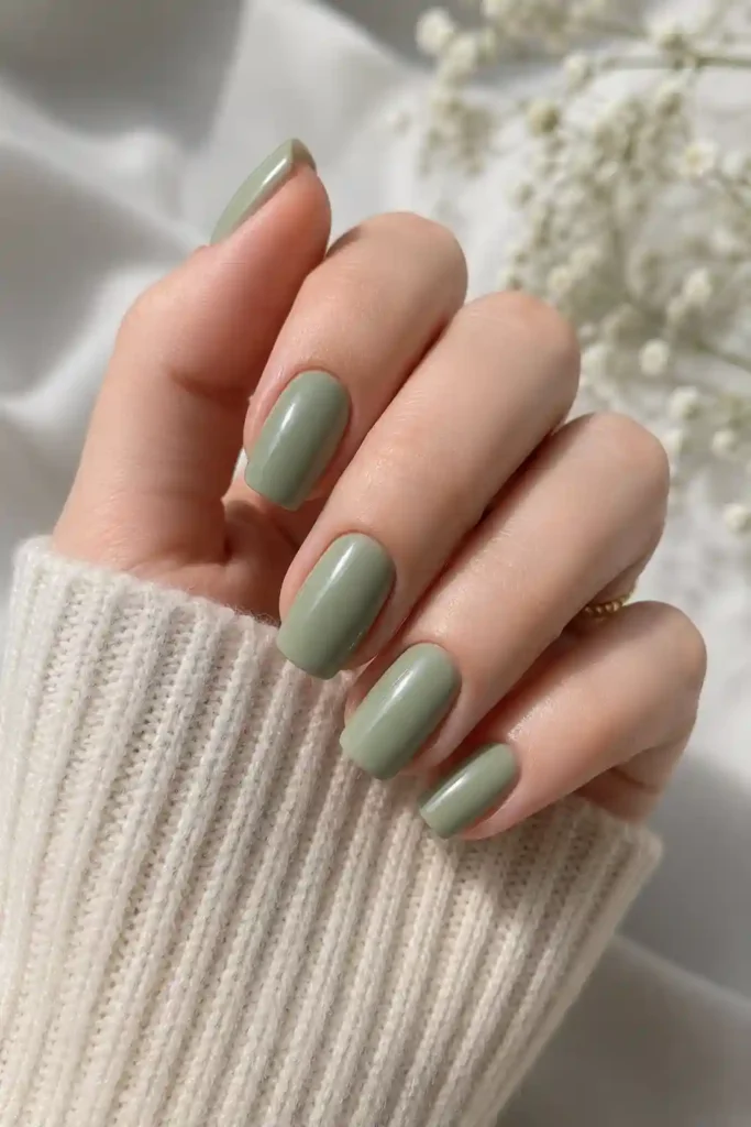 Soft muted sage green nails calm and natural for spring
