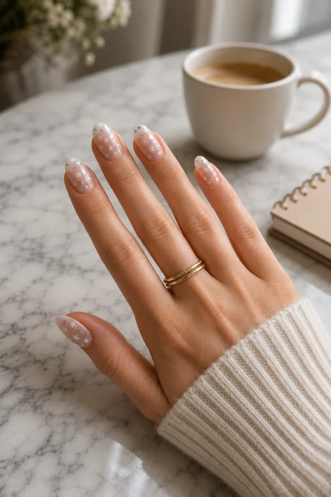 Tiny scattered baby stars on sheer milky nails