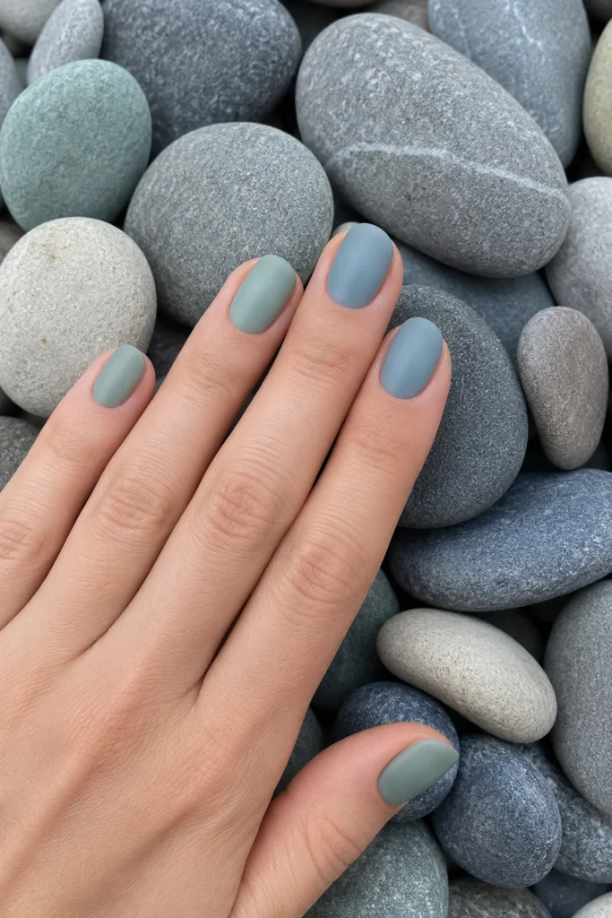 Sea glass frosted nails with soft muted coastal colors