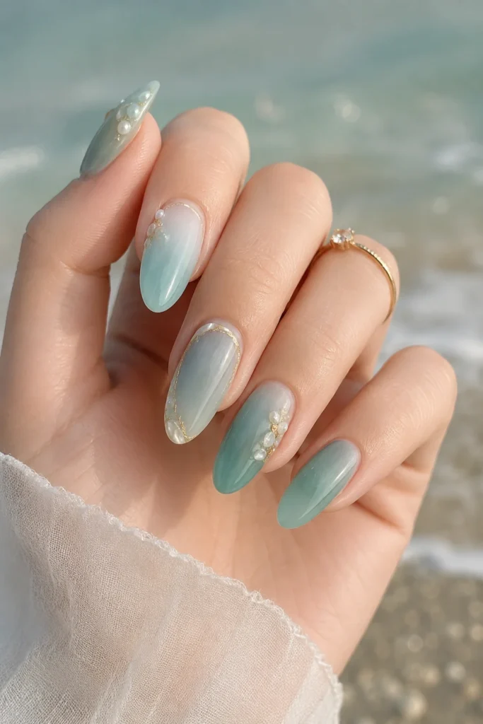 Frosted blue green sea glass inspired bridal nails