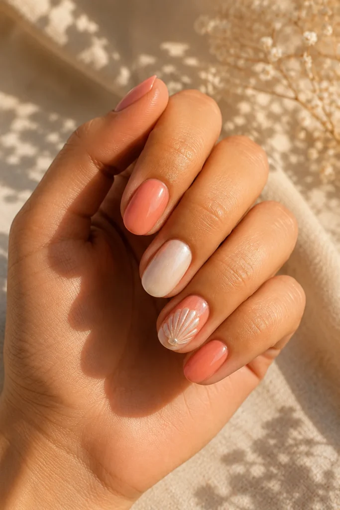 Hand painted seashell accent nail with coral polish
