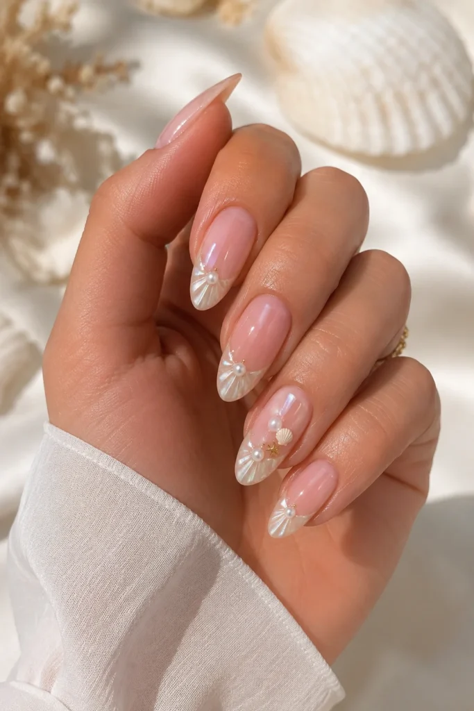 Pearl seashell inspired french tip nail design