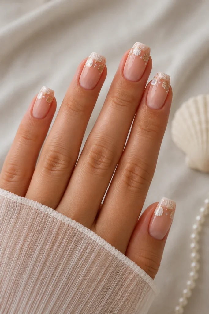 Nude French tip nails with painted seashell accents