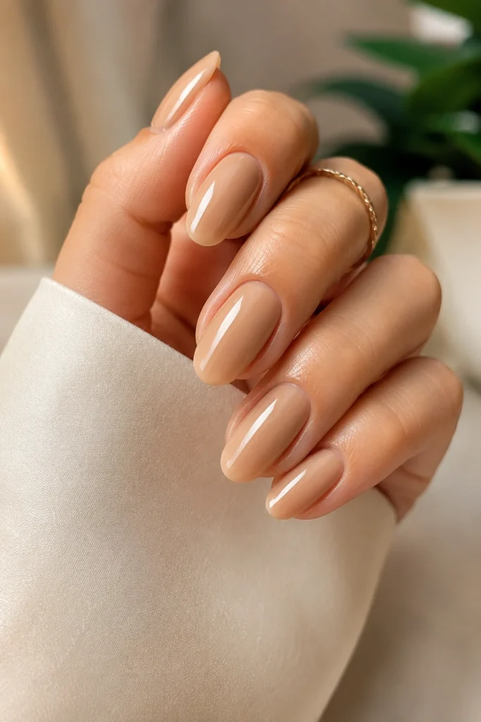 Sheer beige gloss nails warm sandy manicure tone