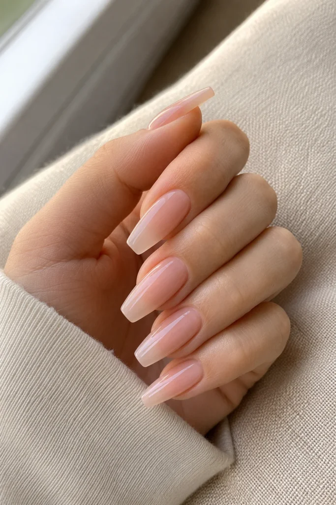 Sheer blush pink ballerina nails with natural finish