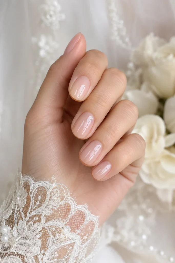 Natural translucent glossy bridal wedding manicure