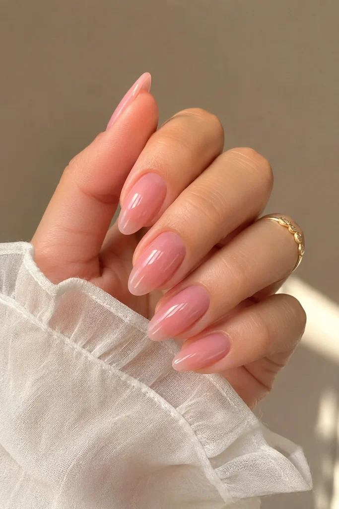 Sheer pink gloss nails soft blush manicure finish