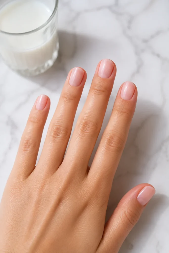 Sheer pink milk bath manicure on short oval nails with a soft glossy finish.