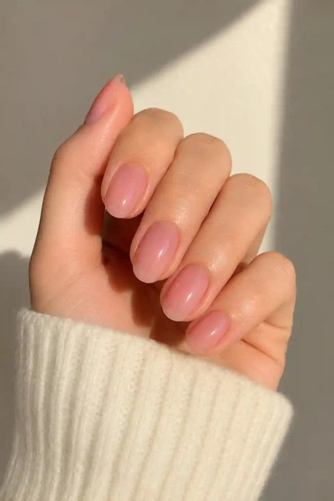 Sheer translucent pink nails with glossy spring finish