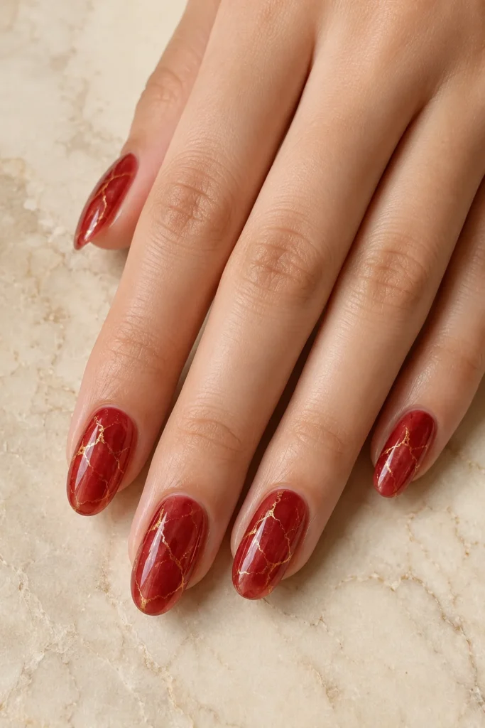 Sheer red nails featuring gold marble vein details.
