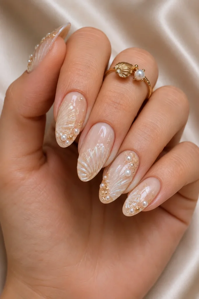 Embossed shell texture design on glossy bridal nails