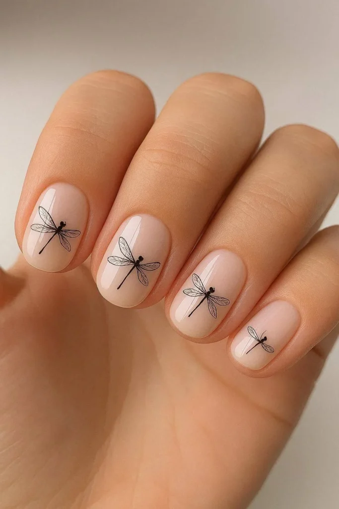 Short nails with simple dragonfly nail artwork