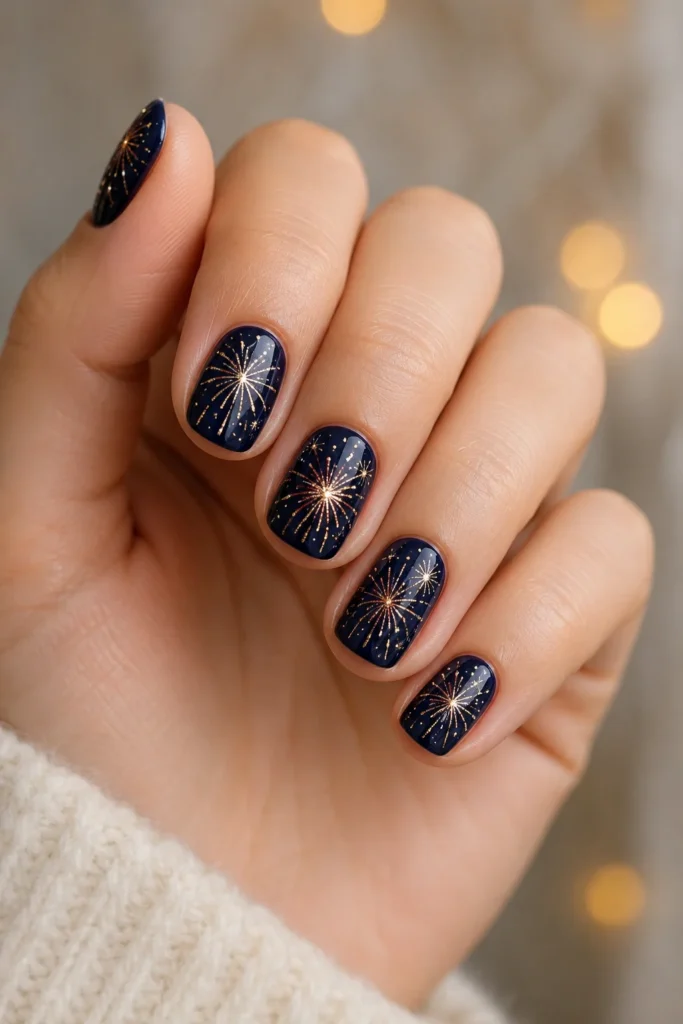 Short nails decorated with tiny glittering firework designs