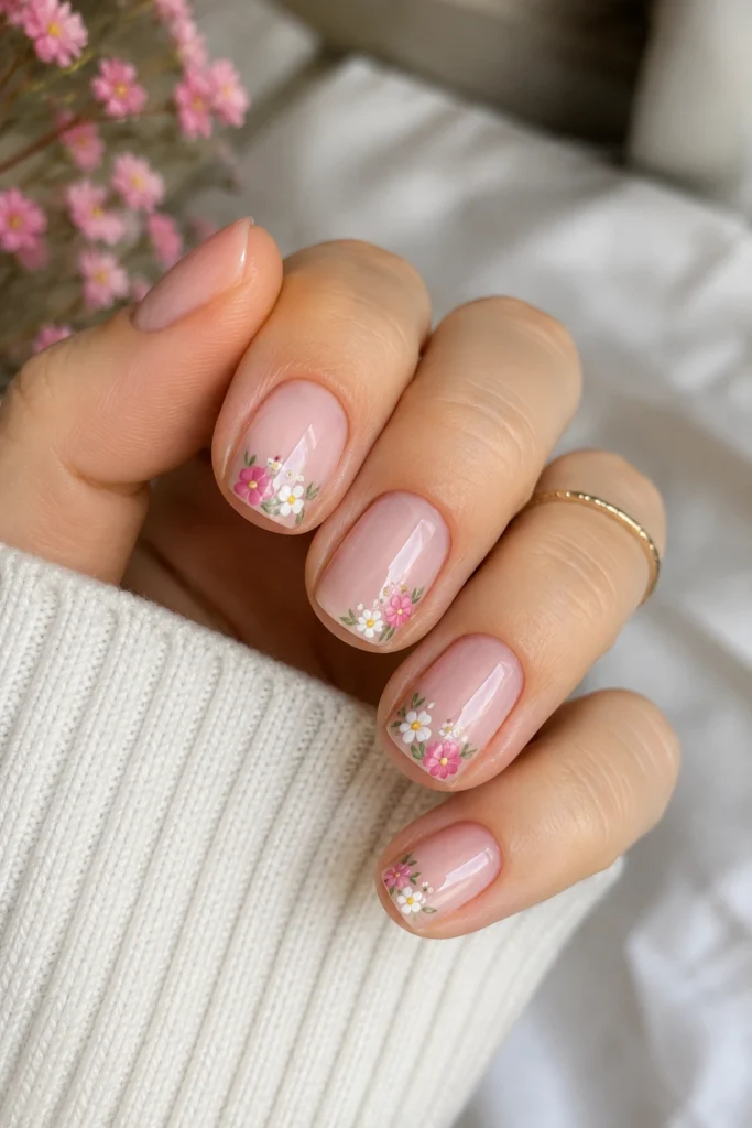 Short floral nails delicate design maternity style