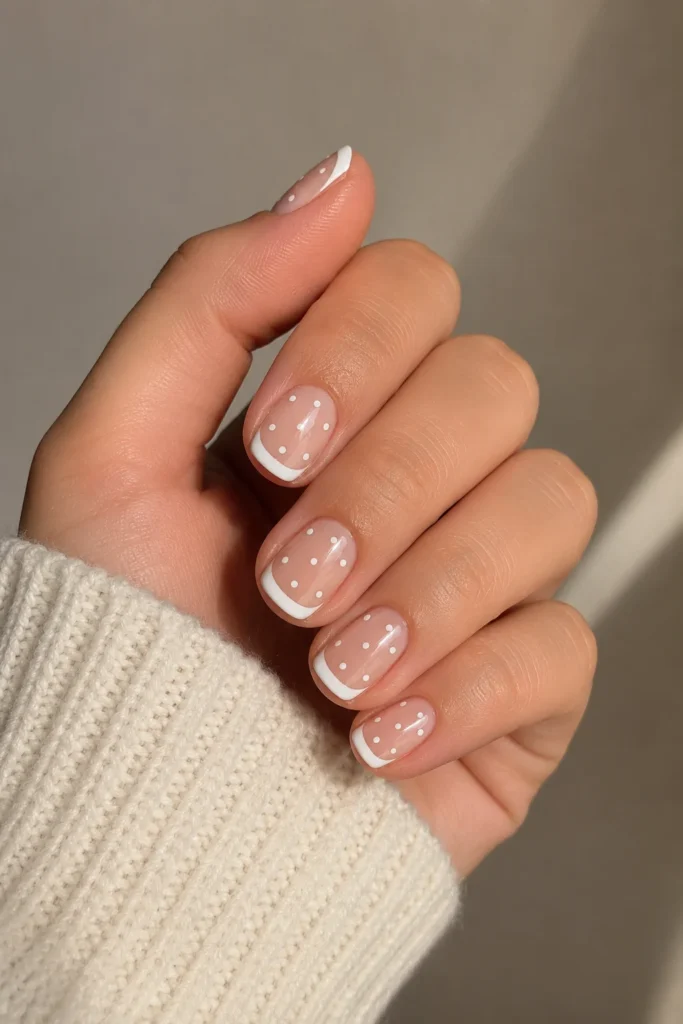 Short French tip nails with polka dot design