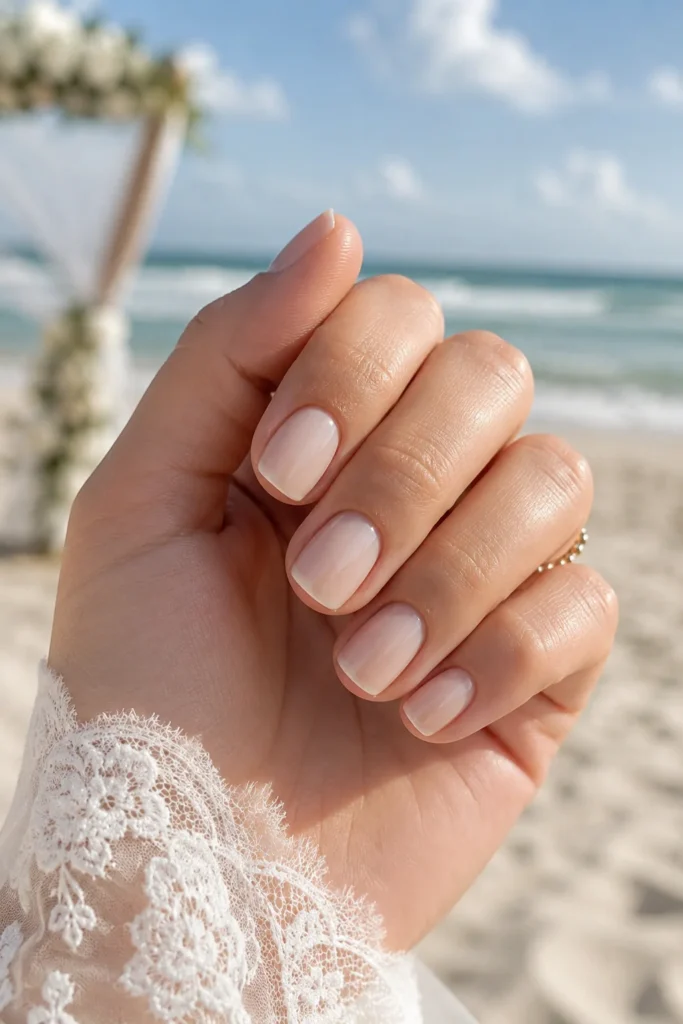 Short glossy neutral nails for beach wedding guests