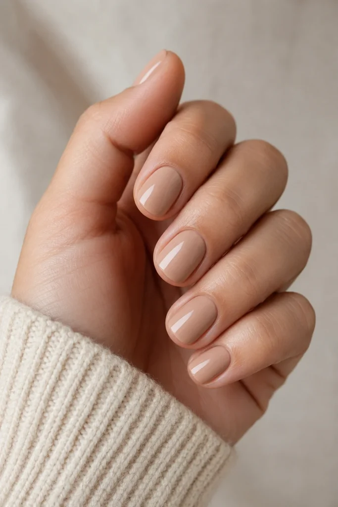 Short glossy nude polish on practical short nails