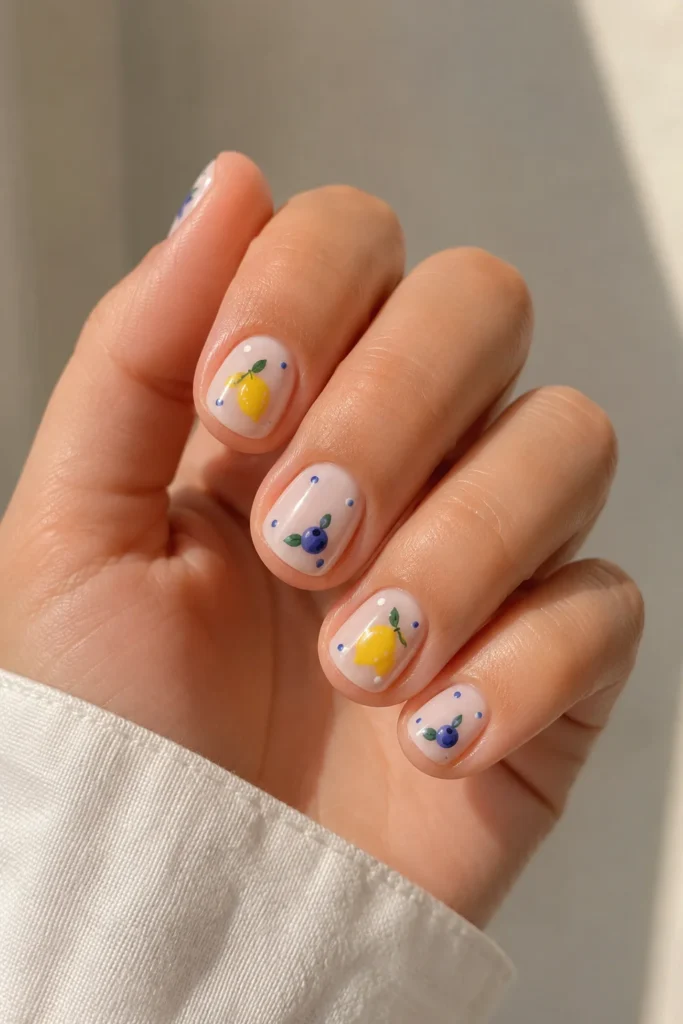 Short nails with tiny lemon blueberry fruit accents