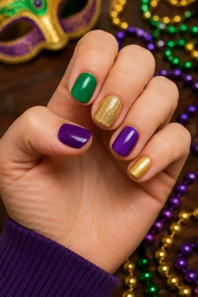 Short festive Mardi Gras nails in purple green gold