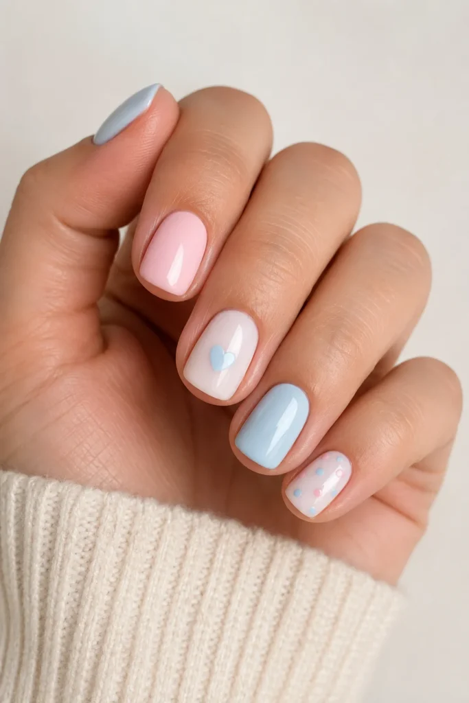 Short minimal nails subtle pastel baby shower manicure