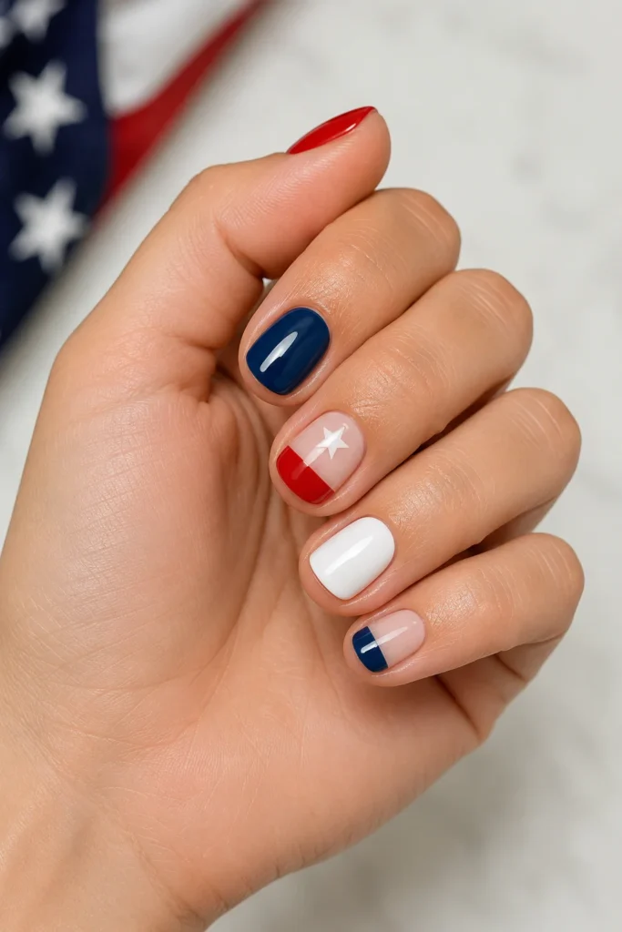 Clean short nails with patriotic color blocking design