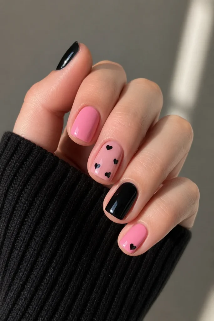 Short pink and black wearable nail design