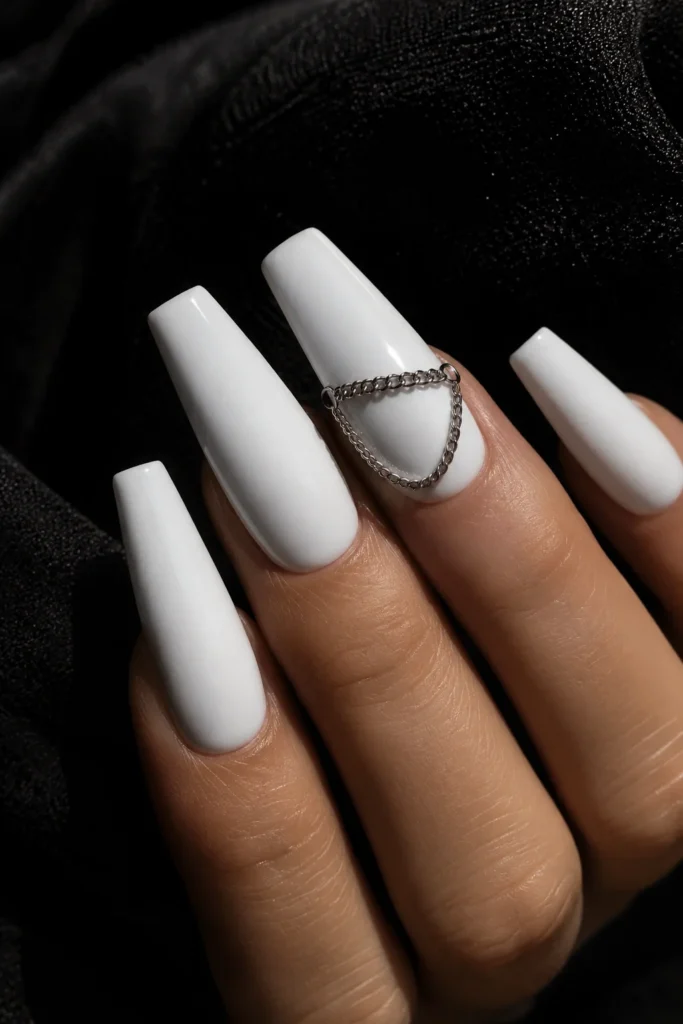 White coffin nails with silver chain detail