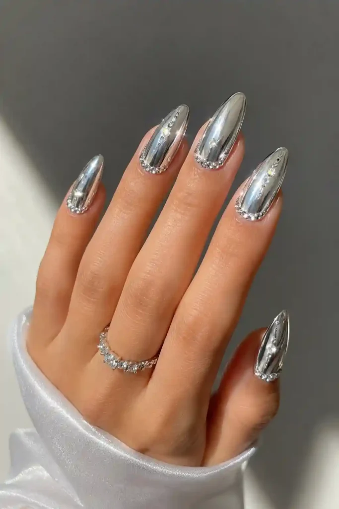 Silver chrome nails with crystal embellishment details