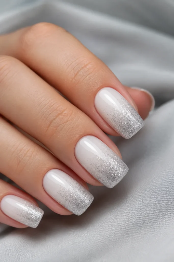 White squoval nails with silver dust ombre