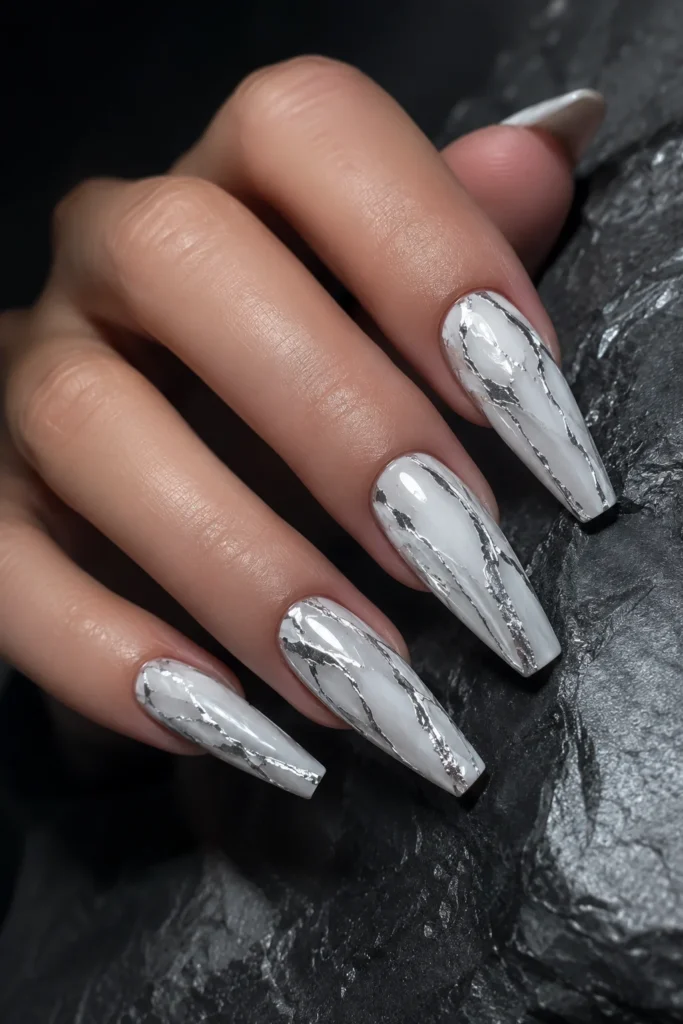 White coffin nails with silver foil vein design