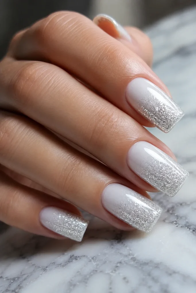 White square nails with silver glitter fade