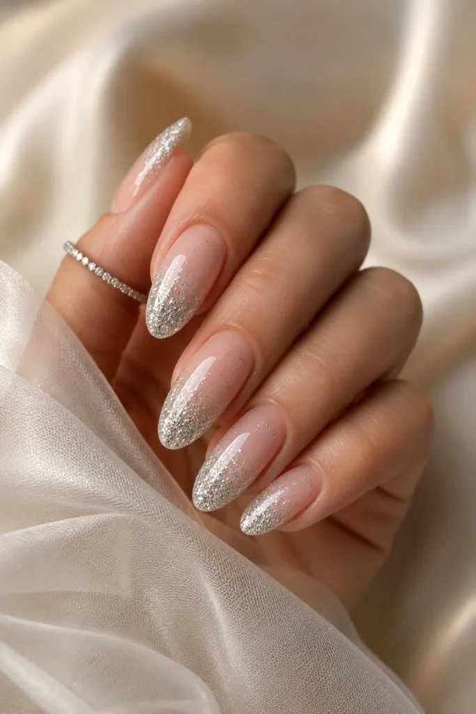Silver glitter ombre fade bridal wedding manicure