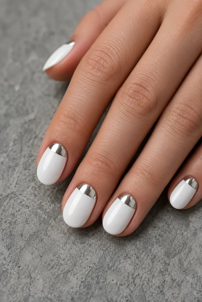 White round nails with silver half moon design
