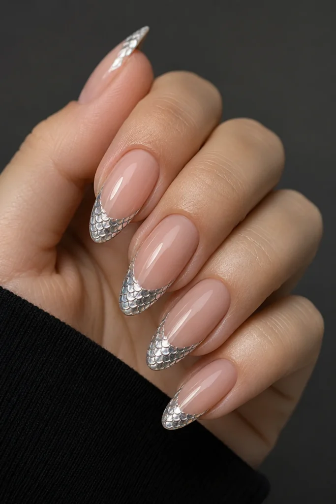 Silver scale French tips with elegant shimmering finish