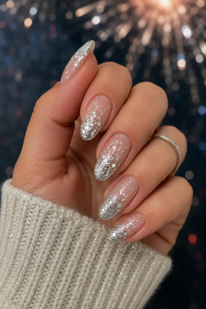 Glossy nails scattered with silver glitter firework sparkle