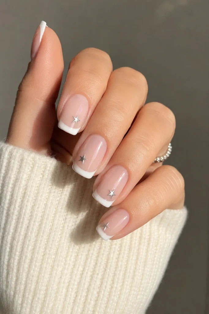 Classic French manicure with tiny silver star details