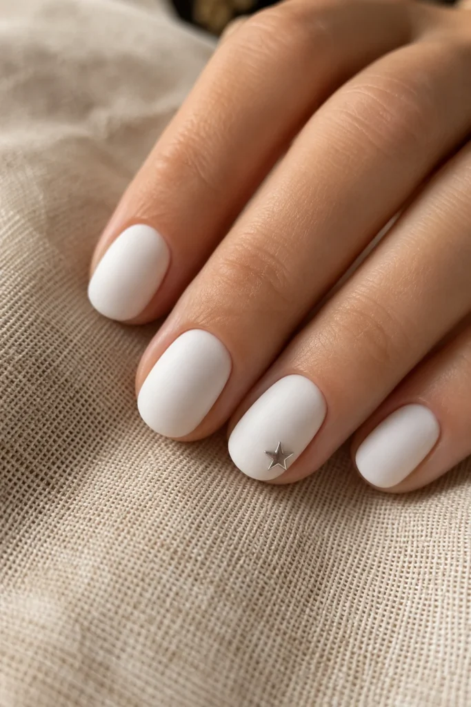 Matte white round nails with silver star accent