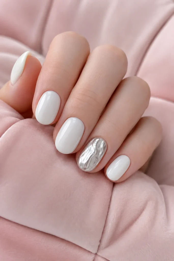 White round nails with silver swirl accent nail