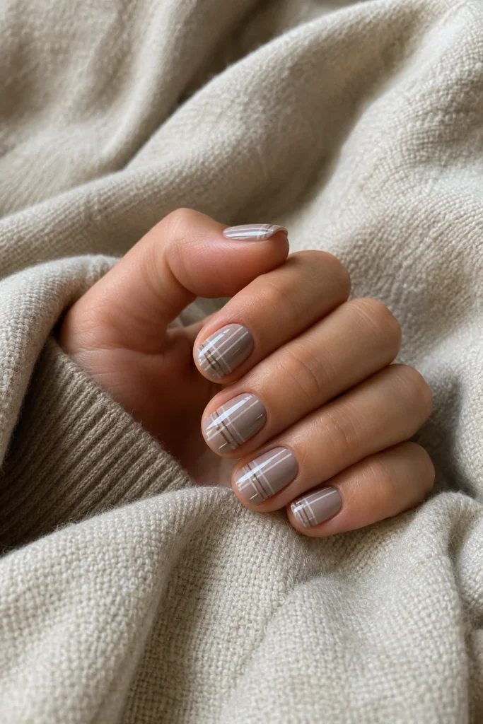 Simplified plaid nail design for short nails with taupe polish