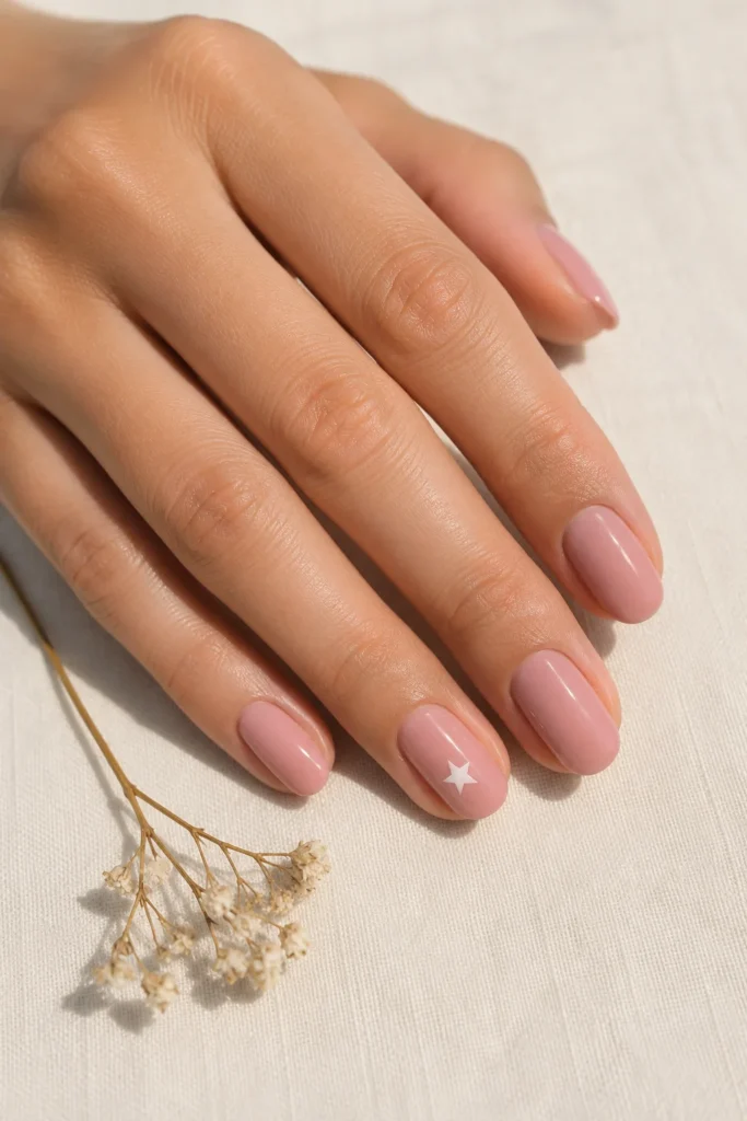 Single star accent nail design on soft blush pink manicure